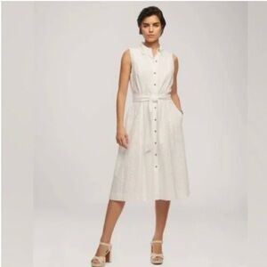 Anne Klein White Eyelet Diane Midi Button Down Shirt Dress Lined Sleeveless 10